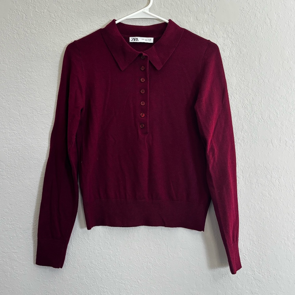 Zara Women's Long Sleeve Polo Sweater - Burgundy